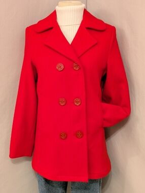 USA Made Woolrich Bright Red Double-Breasted Wool Pea Coat See Measurements